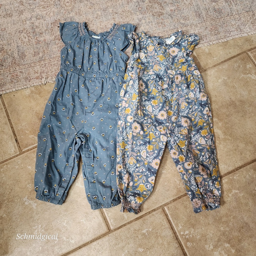 Lot of 2 Emma's Garden Baby Girl Jumpsuits 6-9M Floral Blue Smocked Cotton